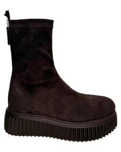 Dunkelbraune Plateau-Stiefelette in Veloursoptik mit gerippter Profilsohle
